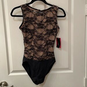 Capezio Bodysuit Cream with black Lace size L NWT